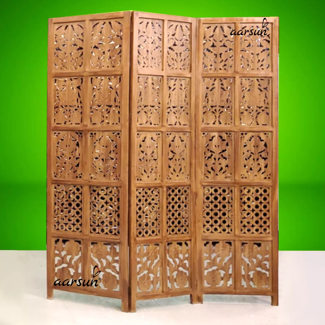 Wooden Mix Room Partition 3 Panel Teak Finish